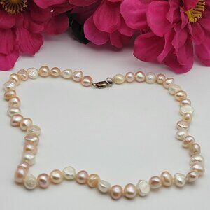 Vintage Multicolor Freshwater Pearl Necklace Pastel Tone Sterling Silver 15.5"